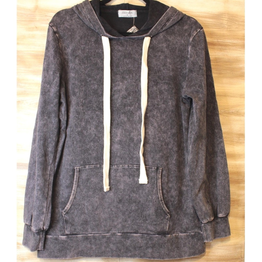 ZENANA Mineral Wash Hoodie Hooded Sweatshirt Pullover Blue/Gray Womens L